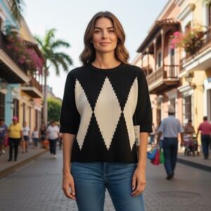 🖤 Rondina New York | Diamond Pullover Sweater | Black & Ivory | Size M